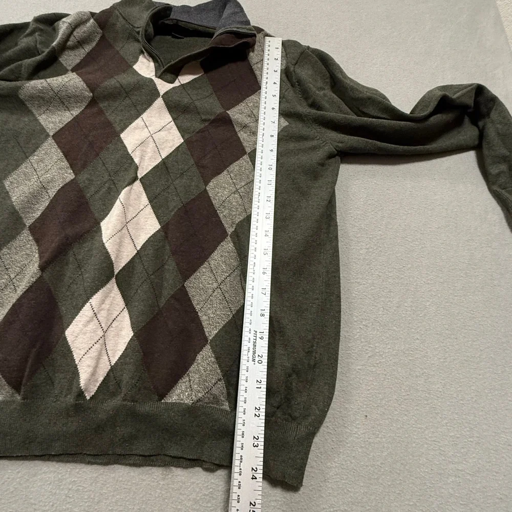 Preppy Retro Golf Green Grey Argyle 1/4 Zip‎ Cotton Pullover Sweater Men Medium